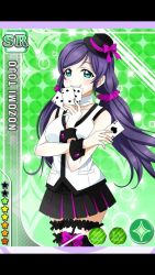 Rule 34 | 10s, 1girl, aqua eyes, black hair, card, card (medium), character name, hat, hat ribbon, legwear garter, long hair, love live!, love live! school idol festival, love live! school idol project, low twintails, official art, playing card, ribbon, skirt, smile, solo, tojo nozomi, twintails