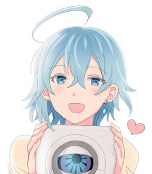 Rule 34 | 1girl, :d, ahoge, android, beige sweater, blue eyes, blue hair, collarbone, cube, earrings, hair between eyes, highres, holding, hotori chamura, jewelry, looking at viewer, matsumoto (vivy), open mouth, short hair, simple background, single earring, smile, upper body, vivy, vivy: fluorite eye&#039;s song, white background