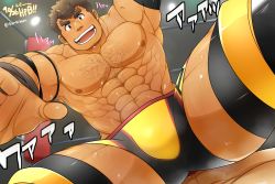 Rule 34 | 2boys, absurdres, alternate costume, bar censor, bara, blush, brown eyes, brown hair, bulge, censored, chest hair, facial hair, feet out of frame, hairy, happy birthday, highres, takabushi kengo, kontahsm, long sideburns, male focus, multiple boys, muscular, on person, pectorals, short hair, sideburns, sitting, sitting on person, smile, spread legs, stubble, sweat, thick eyebrows, thick thighs, thighs, tokyo houkago summoners, wrestling, wrestling outfit, wrestling ring