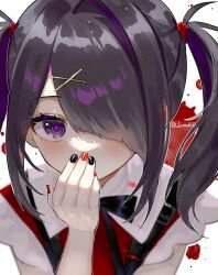 Rule 34 | 1girl, ame-chan (needy girl overdose), black hair, black nails, black ribbon, blood, blood splatter, blush, covering own mouth, hair ornament, hair over one eye, hairclip, highres, looking at viewer, luna (luna610), multicolored nails, nail polish, needy girl overdose, one eye covered, purple eyes, red nails, ribbon, shirt, solo, suspenders, twintails, twitter username, upper body, x hair ornament