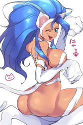 Rule 34 | 1girl, ahoge, animal ears, animal hands, ass, bare shoulders, big hair, blue hair, blush, breasts, capcom, cat ears, cat girl, cat paws, cat tail, commentary request, covered erect nipples, fangs, felicia (vampire), from behind, fur, green eyes, hand fan, highres, hip focus, huge ahoge, huge ass, kneeling, large breasts, looking at viewer, looking back, negresco, one eye closed, paw pose, revealing clothes, shiny skin, solo, tail, vampire (game), wide hips