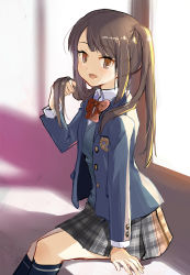 Rule 34 | 1girl, :d, arm support, black socks, blazer, blue jacket, blurry, blurry background, bow, brown eyes, brown hair, collared shirt, depth of field, feet out of frame, grey skirt, hand in own hair, hand up, highres, jacket, kneehighs, long hair, long sleeves, looking at viewer, okiru, open clothes, open jacket, open mouth, original, parted bangs, plaid, plaid skirt, pleated skirt, red bow, shirt, skirt, smile, socks, solo, sweater vest, twintails, very long hair, white shirt