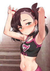 Rule 34 | 1girl, adjusting hair, armpits, arms up, asymmetrical bangs, bad id, bad pixiv id, black choker, black hair, blush, breasts, choker, closed mouth, commentary request, creatures (company), game freak, green eyes, hair ribbon, looking at viewer, marnie (pokemon), medium breasts, midriff, mohe (mohe ryu), navel, nintendo, pokemon, pokemon swsh, red ribbon, ribbon, short hair, solo, sportswear, sweat, undercut