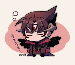 Rule 34 | 1boy, arms at sides, black hair, black wings, chibi, closed eyes, closed mouth, devil jin, dot mouth, facial mark, forehead jewel, full body, grey horns, horns, jacket, kazama jin, kotorai, male focus, outline, red jacket, short hair, signature, simple background, sleepy, sleeves past fingers, sleeves past wrists, solo, squeans, tekken, translation request, v-shaped eyebrows, white outline, wings