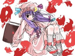 Rule 34 | 1girl, black eyes, book, bow, cardigan, crescent, female focus, front ponytail, hat, leaning back, long hair, looking at viewer, midriff, patchouli knowledge, sitting, sketch, skirt, socks, solo, touhou
