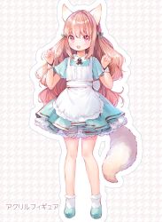 Rule 34 | 1girl, :d, animal ears, apron, aqua dress, bow, brown hair, commentary request, dress, fang, fox ears, fox tail, frilled dress, frills, full body, hair bow, highres, light brown hair, long hair, mutou mato, open mouth, original, pink eyes, short sleeves, simple background, smile, solo, tail, two-tone background, very long hair