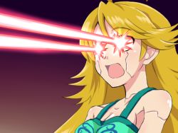 Rule 34 | 1girl, android, bare shoulders, blonde hair, breasts, eye beam, female focus, gradient background, hoshii miki, idolmaster, idolmaster (classic), joints, laser, long hair, open mouth, robot joints, solo, tank top, upper body, yooguru