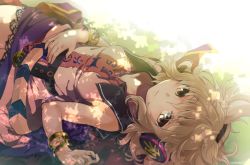 Rule 34 | 1girl, bare shoulders, blonde hair, bracelet, breasts, closed mouth, clothes writing, collarbone, dappled sunlight, day, expressionless, from above, hair flaps, hand on own stomach, headphones, jewelry, looking at viewer, looking up, lying, makuwauri, on back, outdoors, pink shirt, purple skirt, shirt, short hair, skirt, sleeveless, sleeveless shirt, small breasts, solo, sunlight, touhou, toyosatomimi no miko, yellow eyes