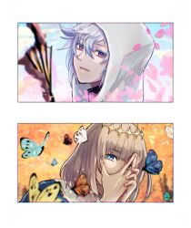 Rule 34 | 2boys, blue butterfly, blue eyes, brown hair, bug, butterfly, closed mouth, covered mouth, diamond hairband, fate/grand order, fate (series), green butterfly, grey hair, hands on own face, highres, hood, hood up, insect, looking at viewer, makkura (gloe), male focus, medium hair, merlin (fate), multiple boys, oberon (fate), orange butterfly, pink petals, purple eyes, staff, white butterfly, white hood, yellow butterfly