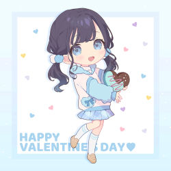 Rule 34 | 1girl, :d, black hair, blue eyes, blush stickers, candy, chibi, chocolate, chocolate heart, food, fur collar, fur sleeves, hair bobbles, hair ornament, happy valentine, heart, heart-shaped pupils, highres, holding, holding chocolate, holding food, hood, hoodie, loafers, low twintails, mameyanagi, mole, mole under eye, open mouth, original, plaid, plaid skirt, pleated skirt, pom pom (clothes), pom pom hair ornament, shoes, skirt, smile, socks, solo, standing, standing on one leg, symbol-shaped pupils, twintails, valentine