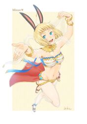 Rule 34 | 1girl, animal ears, anklet, blonde hair, blue eyes, blush, border, bracelet, breasts, brown footwear, cape, character name, cleavage, commentary request, dancer, dancer (ragnarok online), fake animal ears, full body, gold, harem pants, heart, jewelry, looking at viewer, medium breasts, midriff, miyan (shamigame), navel, open mouth, pants, rabbit ears, ragnarok masters, ragnarok online, red cape, sandals, see-through, see-through pants, shawl, short hair, signature, smile, solo, strapless, striped, striped background, tube top, waist cape, white border