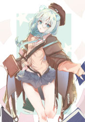 Rule 34 | 1girl, animal ears, arknights, bad leg, bear ears, bear girl, belt buckle, beret, blouse, blue background, blue hair, blue necktie, blue skirt, book, braid, brown coat, buckle, coat, collared shirt, e sky rugo, falling, framed, hair ornament, hat, head tilt, highres, holding, holding book, istina (arknights), jacket, light blush, long hair, long sleeves, looking at viewer, mary janes, midriff peek, miniskirt, monocle, nail polish, necktie, open mouth, oversized clothes, pink nails, pleated skirt, running, shirt, shoes, sidelocks, skirt, sleeves past wrists, socks, solo, star (symbol), star hair ornament, strap, ursus empire logo, white background, white shirt, white socks, yellow jacket