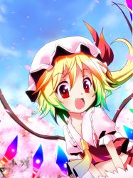 Rule 34 | 1girl, :d, ascot, bad id, bad pixiv id, bell (artist), bell (oppore coppore), blonde hair, cherry blossoms, colorful, fang, female focus, flandre scarlet, gradient hair, hat, heart, heart-shaped pupils, highres, multicolored hair, open mouth, petals, puffy sleeves, red eyes, ribbon, short hair, short sleeves, side ponytail, smile, solo, symbol-shaped pupils, touhou, wings