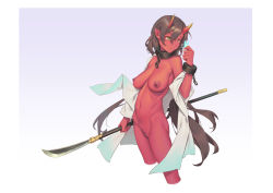 Rule 34 | 1girl, bigrbear, bottomless, breasts, brown hair, bug, butterfly, chain, cleft of venus, closed mouth, collar, colored skin, cowboy shot, cuffs, green eyes, horns, insect, japanese clothes, large breasts, long hair, metal collar, naginata, navel, nipples, oni horns, pointy ears, polearm, pussy, red skin, sagging breasts, simple background, tagme, very long hair, weapon