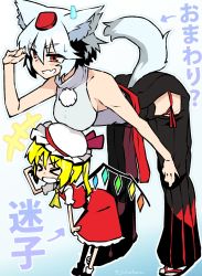 Rule 34 | &gt; &lt;, 2girls, :d, adapted costume, animal ears, ascot, bare arms, bare shoulders, black pants, blonde hair, breasts, crystal, flandre scarlet, full body, hat, hat ribbon, height difference, highres, hip vent, inubashiri momiji, large breasts, leaning forward, looking away, mob cap, multiple girls, one-hour drawing challenge, open mouth, panties, pants, puffy short sleeves, puffy sleeves, red eyes, red panties, red skirt, red vest, ribbon, shirt, short hair, short sleeves, side ponytail, skirt, skirt set, sleeveless, sleeveless shirt, smile, standing, sweatdrop, tail, taketora suzume, tokin hat, touhou, underwear, vest, white hair, wings, wolf ears, wolf tail, xd
