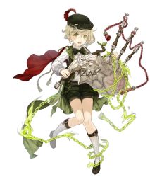 Rule 34 | 1boy, bagpipes, beret, blonde hair, capelet, chain, full body, green eyes, hat, highres, instrument, jino, long nose, looking at viewer, male focus, official art, pinocchio (sinoalice), shorts, sinoalice, socks, solo, stitched mouth, stitches, transparent background