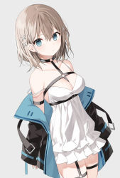 Rule 34 | 1girl, arm strap, bare shoulders, between breasts, black choker, black jacket, blue eyes, breasts, brown hair, chest harness, choker, cleavage, closed mouth, collarbone, cowboy shot, dress, expressionless, frilled dress, frills, hair ornament, hairclip, harness, highres, jacket, long sleeves, looking at viewer, medium breasts, off shoulder, open clothes, open jacket, original, short hair, simple background, sleeveless, sleeveless dress, solo, spaghetti strap, strap slip, thigh strap, white background, white dress, x hair ornament, yon (letter)