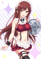 Rule 34 | 1girl, :d, apron, bare shoulders, black bow, black thighhighs, blush, bow, breasts, brooch, brown eyes, brown hair, clothing cutout, crop top, diagonal stripes, fingernails, frilled apron, frilled skirt, frills, hand up, holding, holding tray, idolmaster, idolmaster shiny colors, jewelry, long hair, maid, maid headdress, medium breasts, midriff, nail polish, navel, open mouth, osaki amana, pink nails, red bow, red skirt, side cutout, skirt, smile, solo, sparkle, striped, striped background, thighhighs, tray, urabi (tomatohouse), very long hair, waist apron, white apron, white bow, wrist cuffs