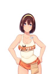 Rule 34 | 1girl, bare arms, bare legs, bare shoulders, blue eyes, blush, breasts, brown hair, butcha-u, cleavage, closed mouth, crotchless, eyelashes, female pubic hair, game cg, hair between eyes, hairband, hands on own hips, hooters, kenzen! hentai seikatsu no susume, large breasts, legs, looking at viewer, maezono chinami, name tag, orange shorts, original, pubic hair, short hair, short shorts, shorts, sleeveless, smile, solo, standing, tank top, thighs, transparent background, yellow hairband