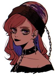 Rule 34 | 1girl, bare shoulders, black lips, chain, closed mouth, collar, collarbone, colored inner hair, cropped shoulders, ear piercing, hair behind ear, hecatia lapislazuli, konoha217, lipstick, long hair, looking at viewer, makeup, multicolored hair, off-shoulder shirt, off shoulder, piercing, portrait, red eyes, red hair, shirt, simple background, smile, solo, spiked collar, spikes, swept bangs, touhou, white background