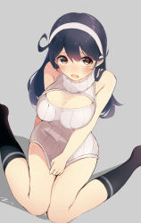 Rule 34 | 10s, 1girl, ahoge, bare shoulders, black hair, black socks, blush, breasts, brown eyes, cleavage, cleavage cutout, clothes tug, clothing cutout, dress, female focus, from above, hairband, headband, highres, kantai collection, kneehighs, large breasts, long hair, looking at viewer, looking up, meme attire, open-chest sweater, open mouth, ribbed sweater, sitting, socks, solo, sweater, sweater dress, sweater tug, swept bangs, tebi (tbd11), turtleneck, ushio (kancolle), wariza