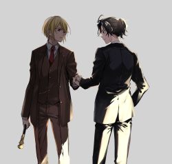Rule 34 | 2boys, black hair, black suit, blonde hair, brown suit, cane, chain, chain, formal, gold chain, grey background, highres, holding, holding cane, hand grab, looking at another, male focus, multiple boys, necktie, red eyes, sherlock holmes (yuukoku no moriarty), simple background, suit, vest, william james moriarty, yuukoku no moriarty