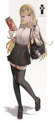 Rule 34 | 1girl, alternate costume, armlet, bag, black bag, black footwear, black skirt, black thighhighs, blonde hair, breasts, collared shirt, commentary request, contemporary, english text, food, full body, hands up, highres, holding, holding food, holding pocky, knees together feet apart, large breasts, long hair, looking at viewer, mia cbx, mythra (xenoblade), open mouth, outside border, pleated skirt, pocky, school bag, school uniform, shirt, shoulder bag, sidelocks, simple background, skirt, sleeves rolled up, solo, standing, standing on one leg, swept bangs, teeth, thighhighs, tiara, upper teeth only, white shirt, xenoblade chronicles (series), xenoblade chronicles 2, yellow eyes