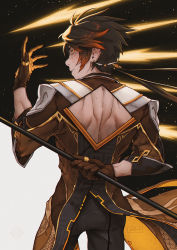 Rule 34 | 1boy, arm behind back, back, brown gloves, brown hair, clothing cutout, diamond cutout, dragon print, genshin impact, gloves, gradient hair, highres, holding, holding polearm, holding weapon, jewelry, long hair, male focus, multicolored hair, muscular, muscular male, parted lips, polearm, ring, signature, sleeves rolled up, solo, thumb ring, vizerothree, weapon, yellow eyes, zhongli (genshin impact)