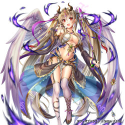 Rule 34 | 1girl, absurdres, blonde hair, blush, breasts, bridal gauntlets, cleavage, detached sleeves, earrings, feathered wings, female focus, garter straps, highres, horns, jewelry, large breasts, long hair, looking at viewer, navel, original, red eyes, simple background, solo, staff, thighhighs, tower of dragon, twintails, underboob, very long hair, violetshit, white background, white thighhighs, white wings, wings