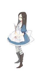Rule 34 | alice: madness returns, alice (alice in wonderland), alice in wonderland, alice liddell (american mcgee&#039;s alice), american mcgee&#039;s alice, apron, black hair, bluerancel, boots, dress, green hair, highres, jewelry, knife, long hair, pantyhose, weapon