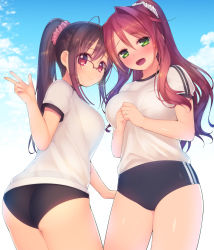 Rule 34 | 2girls, ahoge, arima kanae, arima senne, ass, blush, bra, breasts, brown hair, buruma, embarrassed, glasses, green eyes, gym uniform, hair ornament, hair scrunchie, highres, jewelry, kashiwamochi yomogi, large breasts, long hair, looking at viewer, mature female, mother and daughter, multiple girls, open mouth, original, pink hair, ponytail, red eyes, ring, scrunchie, see-through, see-through silhouette, underwear, wavy mouth, wedding band