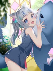 Rule 34 | 1girl, :d, animal ears, bare shoulders, blue eyes, blue nails, blurry, blurry foreground, blush, bush, cat ears, commentary request, depth of field, flower, from side, gawr gura, gawr gura (casual), hair ornament, highres, holding, hololive, hololive english, leaning forward, long hair, looking at viewer, nail polish, official alternate costume, open mouth, pillow, pink flower, ponytail, sharp teeth, sho (runatic moon), silver hair, smile, solo, stuffed animal, stuffed shark, stuffed toy, tail, teeth, twintails, virtual youtuber