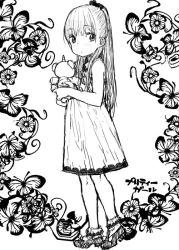 Rule 34 | 1girl, bug, butterfly, child, dress, expressionless, female focus, flower, bug, long hair, monochrome, original, ponsuke (pon00000), solo, standing, stuffed animal, stuffed toy