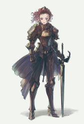 Rule 34 | 1girl, armor, armored boots, boots, breastplate, brown eyes, brown hair, faulds, full body, gauntlets, greaves, high heels, highres, holding, holding sword, holding weapon, looking at viewer, moryo, original, planted, planted sword, planted weapon, plate armor, ponytail, shoulder armor, solo, standing, sword, waist cape, weapon