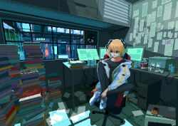Rule 34 | 1girl, animated, animated gif, apo (rairaru20001), blonde hair, book, book stack, collarbone, computer, computer tower, crossed legs, desk, game boy, green eyes, handheld game console, indoors, jacket, long sleeves, looking away, monitor, original, pixel art, shoes, short hair, sitting, sneakers, solo, swivel chair, white footwear, white jacket, window, xbox controller