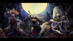 Rule 34 | absurdres, ahoge, black bow, bow, cleavage cutout, clothing cutout, colored skin, double bun, dress, full moon, gothic lolita, graveyard, grey hair, grey skin, hair bow, hair bun, heterochromia, highres, hololive, hololive english, hololive indonesia, kureiji ollie, letterboxed, lolita fashion, long hair, moon, mori calliope, multicolored hair, multiple girls, open mouth, patchwork skin, pink hair, red eyes, red hair, scythe, skull, smile, stitched face, stitches, tombstone, uruha rushia, uruha rushia (3rd costume), virtual youtuber, vyragami, yellow eyes, zombie