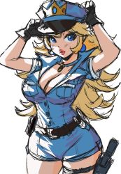 Rule 34 | 1girl, adjusting clothes, adjusting headwear, arms up, belt, black gloves, blonde hair, blue choker, blue eyes, blue headwear, blue shirt, blue shorts, breast pocket, breasts, brown belt, buttons, choker, cleavage, crown (symbol), cuffs, dress shirt, earrings, enma (enmanuelart), gloves, gun, handcuffs, high collar, highres, holster, holstered, jewelry, large breasts, lips, long hair, looking at viewer, mario (series), messy hair, nintendo, parted lips, pendant choker, pink lips, pocket, police, police uniform, policewoman, princess peach, shirt, short shorts, short sleeves, shorts, simple background, sketch, solo, standing, thick lips, thigh holster, uniform, weapon, white background