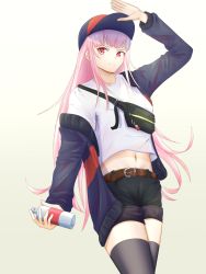 Rule 34 | absurdres, alternate costume, among us, baseball cap, belt, belt buckle, black shorts, blue jacket, brown belt, buckle, crewmate (among us), fanny pack, hat, highres, hololive, hololive english, jacket, long hair, midriff, mori calliope, open clothes, open jacket, pink hair, red eyes, rongchewchew, shirt, short shorts, shorts, solo, spray can, thighhighs, virtual youtuber, white background, white shirt