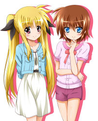 Rule 34 | 2girls, arms behind back, black ribbon, blue eyes, blue jacket, blush, bow, bowtie, brown hair, character request, collarbone, dress, fate testarossa, hair between eyes, hair ribbon, highres, jacket, looking at viewer, lyrical nanoha, mahou shoujo lyrical nanoha, multiple girls, open clothes, open jacket, pink shirt, purple shorts, red bow, red eyes, ribbon, shiny skin, shirt, short dress, short hair, short shorts, short sleeves, shorts, simple background, smile, standing, stern the destructor, sundress, white background, white dress, yorousa (yoroiusagi)