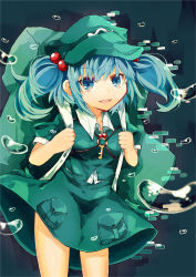 Rule 34 | 1girl, backpack, bag, blue eyes, blue hair, bubble, gradient background, hair bobbles, hair ornament, hat, kaio (watagami), kawashiro nitori, key, light particles, looking at viewer, matching hair/eyes, open mouth, short hair, skirt, skirt set, solo, touhou, twintails, two side up, underwater