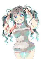 Rule 34 | 10s, 1girl, :d, alternate hairstyle, aqua eyes, aran sweater, backless dress, backless outfit, bare shoulders, blue eyes, breasts, bunching hair, cable knit, cowboy shot, dress, fingernails, gradient eyes, grey dress, grey sweater, grin, halterneck, hands in hair, hands up, highres, imu sanjo, kantai collection, large breasts, long hair, looking at viewer, meme attire, multicolored eyes, naganami (kancolle), naked sweater, no bra, open mouth, ribbed sweater, sideboob, simple background, sleeveless, sleeveless turtleneck, smile, solo, sweater, sweater dress, teeth, thigh gap, turtleneck, turtleneck sweater, twintails, virgin killer sweater, white background, yellow eyes