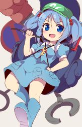 Rule 34 | 1girl, backpack, bag, baku-p, blue dress, blue eyes, blue hair, boots, boxing gloves, crowbar, dress, hair bobbles, hair ornament, hand on own hip, hat, highres, holding, holding crowbar, kawashiro nitori, long hair, open mouth, smile, solo, touhou, twintails, weapon