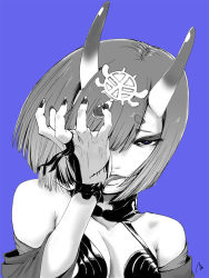 Rule 34 | 1girl, :p, bare shoulders, blood, blue background, breasts, commentary request, deep wound, fate/grand order, fate (series), greyscale, greyscale with colored background, hand up, hane (azelye), headpiece, horns, injury, licking, long hair, looking at viewer, monochrome, off shoulder, short eyebrows, shuten douji (fate), signature, simple background, small breasts, solo, thick eyebrows, tongue, tongue out, upper body