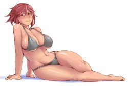 Rule 34 | 1girl, aged up, barefoot, bikini, blush, breasts, curvy, glasses, huge breasts, legs, looking at viewer, rozen maiden, shiny skin, simple background, smile, solo, souseiseki, sweat, swimsuit, thighs, tsuda nanafushi, white background