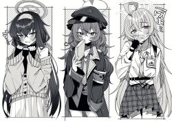 Rule 34 | 3girls, ahoge, arm at side, armband, belt, blue archive, blush, book, box, cardboard box, clenched teeth, closed mouth, coat, coat on shoulders, collared shirt, covering own mouth, drooling, fang, fingerless gloves, gloves, greyscale, hairband, halo, hand up, hands up, hat, highres, holding, holding book, hoshino (blue archive), id card, iroha (blue archive), long hair, long sleeves, looking at viewer, monochrome, mouth drool, multiple girls, necktie, oomori (kswmr), open mouth, peaked cap, raised eyebrows, shirt, skirt, sweat, tearing up, teeth, ui (blue archive), v-shaped eyebrows, yawning