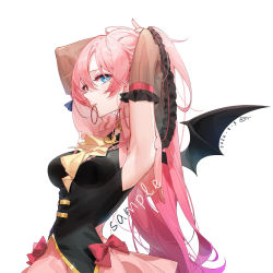 Rule 34 | 1girl, adjusting hair, armpits, arms up, black wings, blue eyes, breasts, demon girl, demon wings, elbow gloves, eyebrows hidden by hair, gloves, highres, long hair, looking at viewer, magical girl, medium breasts, mouth hold, original, pink hair, ribbon, simple background, skirt, solo, tangdouji (machine), upper body, white background, wings
