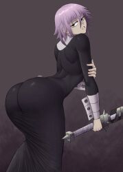 1other ass ass_focus black_eyes crona_(soul_eater) dress holding holding_sword holding_weapon limn044 purple_hair short_hair solo soul_eater sword tight_clothes tight_dress weapon