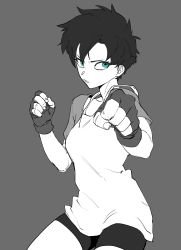 Rule 34 | 1girl, bike shorts, blue eyes, dragon ball, dragonball z, fighting stance, gloves, highres, incoming attack, looking at viewer, short hair, videl, zequung, zquung
