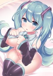 Rule 34 | 1girl, bare shoulders, bed, blush, breasts, detached sleeves, green eyes, green hair, hatsune miku, highres, large breasts, long hair, looking at viewer, nipples, nude, sakuragiyomi, sitting, thick thighs, thighhighs, thighs, twintails, vocaloid, wide hips