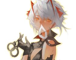 Rule 34 | 1girl, arknights, bare shoulders, black gloves, commentary request, cuffs, gloves, grey hair, hand up, handcuffs, highres, lch, looking at viewer, mask, orange eyes, short hair, simple background, solo, upper body, w (arknights), white background